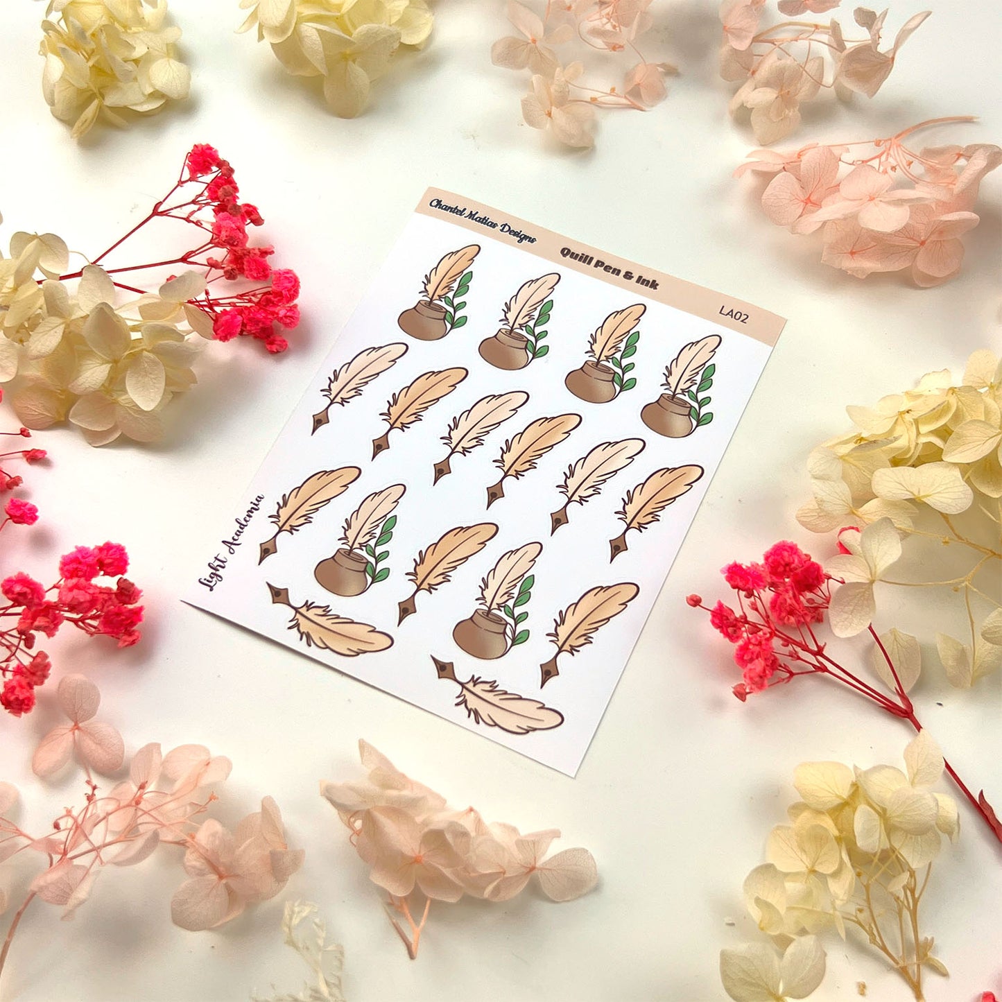 Quill Pen & Ink Planner Sticker Sheet - Light Academia Bullet Journal Stickers for Vintage Fountain Pen