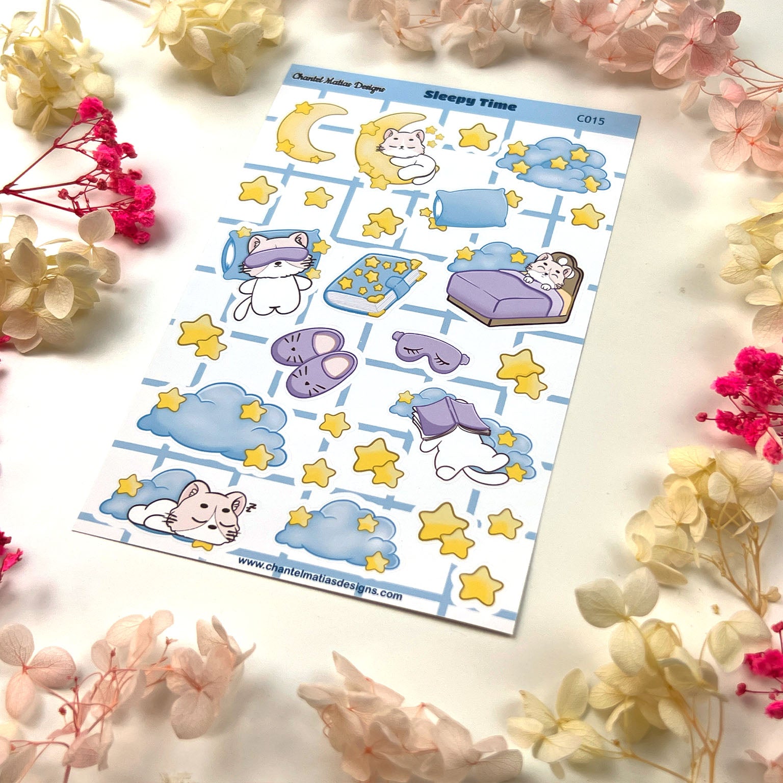 Sleepy Time Cat Planner Sticker Sheet - Relaxing Stars & Clouds Bullet Journal Stickers