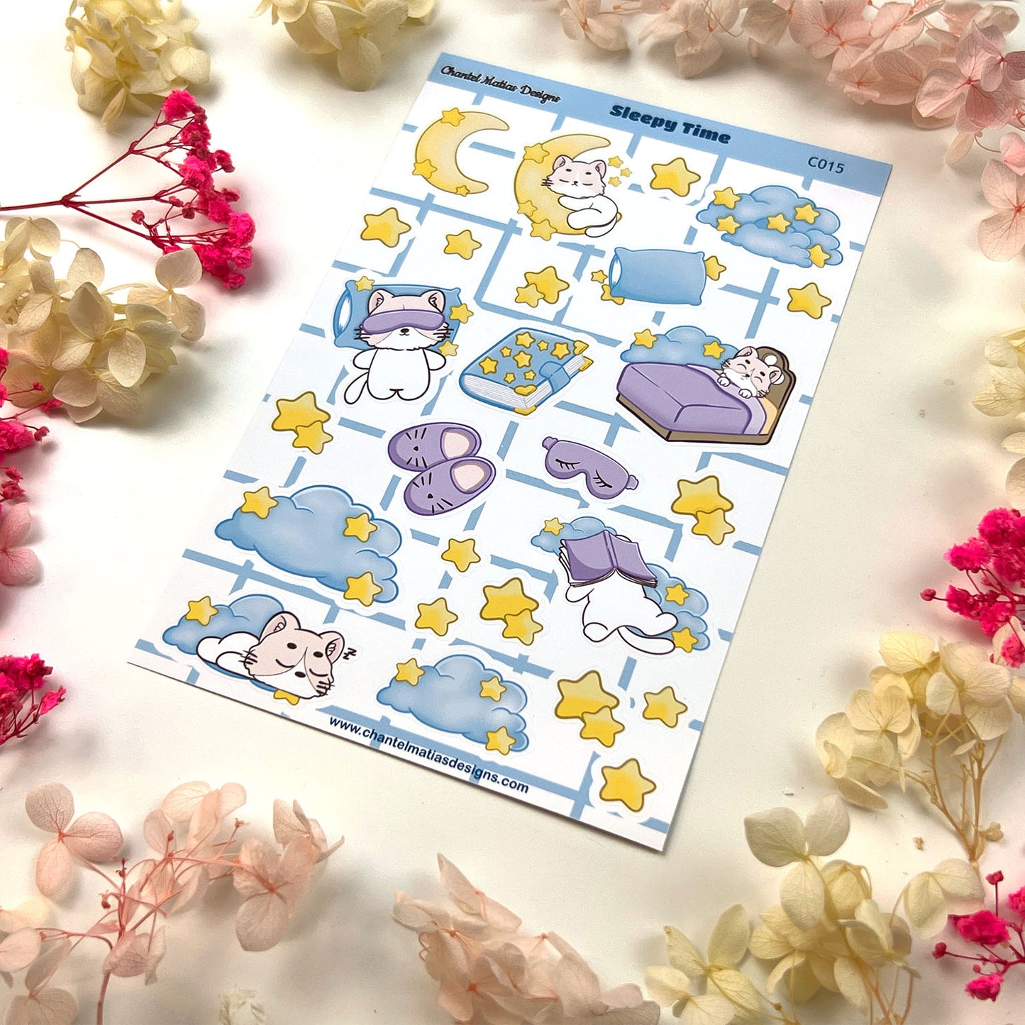 Sleepy Time Cat Planner Sticker Sheet - Relaxing Stars & Clouds Bullet Journal Stickers