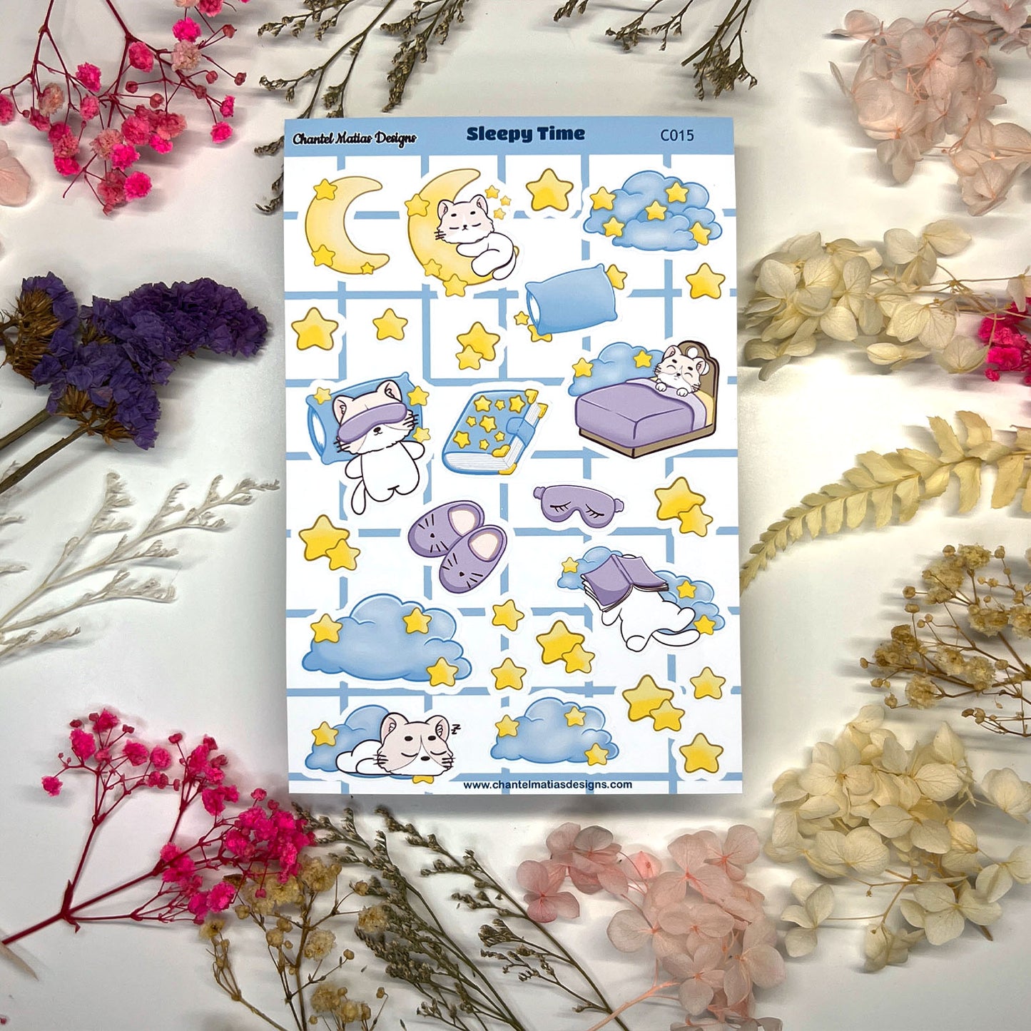 Sleepy Time Cat Planner Sticker Sheet - Relaxing Stars & Clouds Bullet Journal Stickers