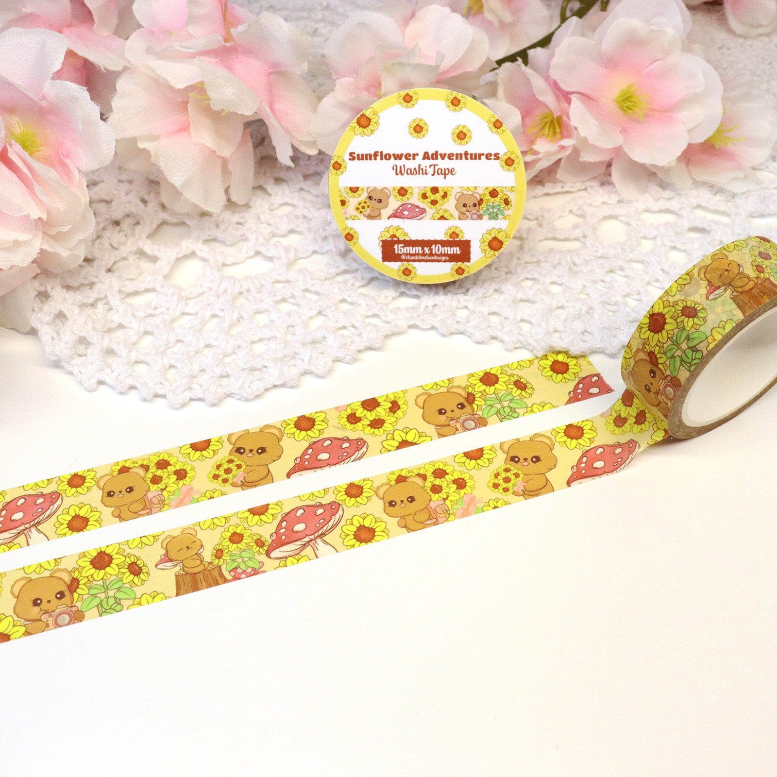 Sunflower Kawaii Bear Washi Tape featuring cute bear and sunflower designs, perfect for decorating journals, planners, crafts, and scrapbooking projects