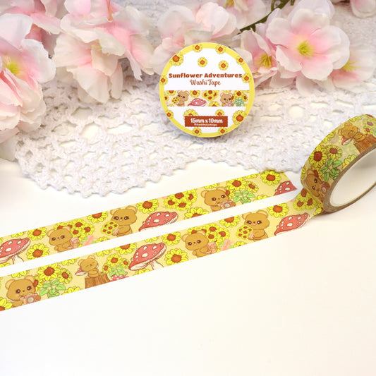 Sunflower Kawaii Bear Washi Tape featuring cute bear and sunflower designs, perfect for decorating journals, planners, crafts, and scrapbooking projects