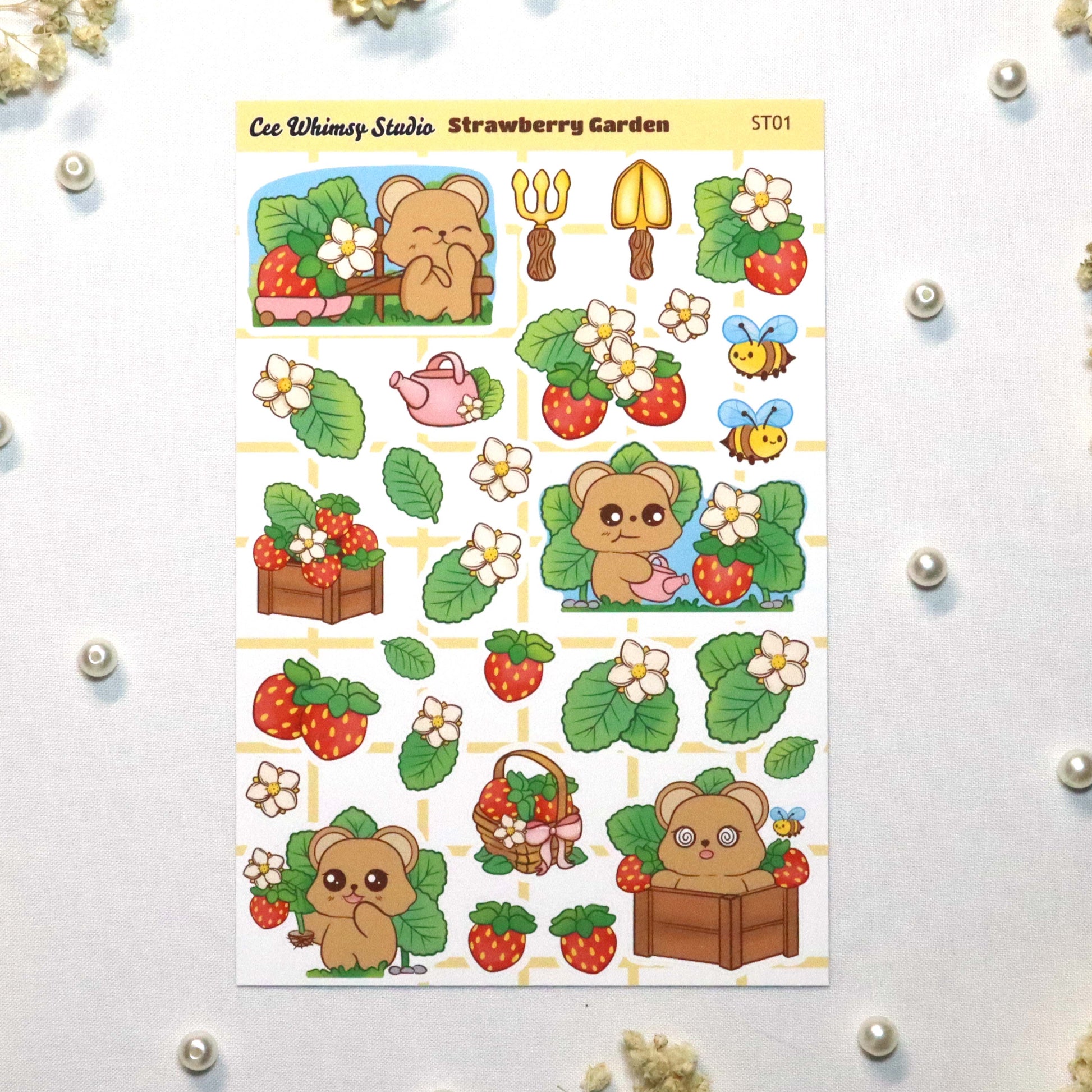 Strawberry Garden Sticker Sheet with cute bear characters, strawberries, flowers, bees, and garden-themed planner stickers by Ceewhimsy Studio