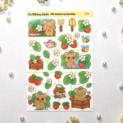 Strawberry Garden Sticker Sheet with cute bear characters, strawberries, flowers, bees, and garden-themed planner stickers by Ceewhimsy Studio