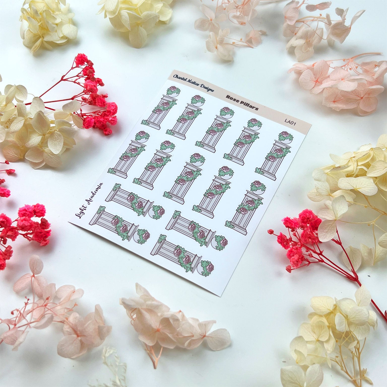 Rose Pillar Planner Sticker Sheet - Light Academia Bullet Journal Stickers for Vintage Aesthetic Planners