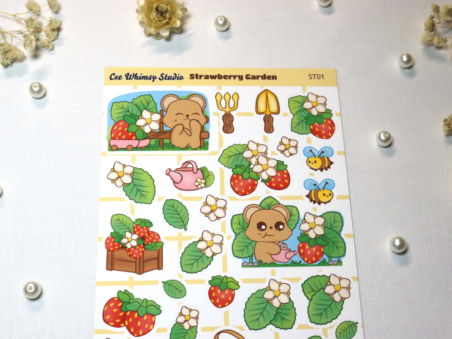Strawberry Garden Sticker Sheet with cute bear characters, strawberries, flowers, bees, and garden-themed planner stickers by Ceewhimsy Studio