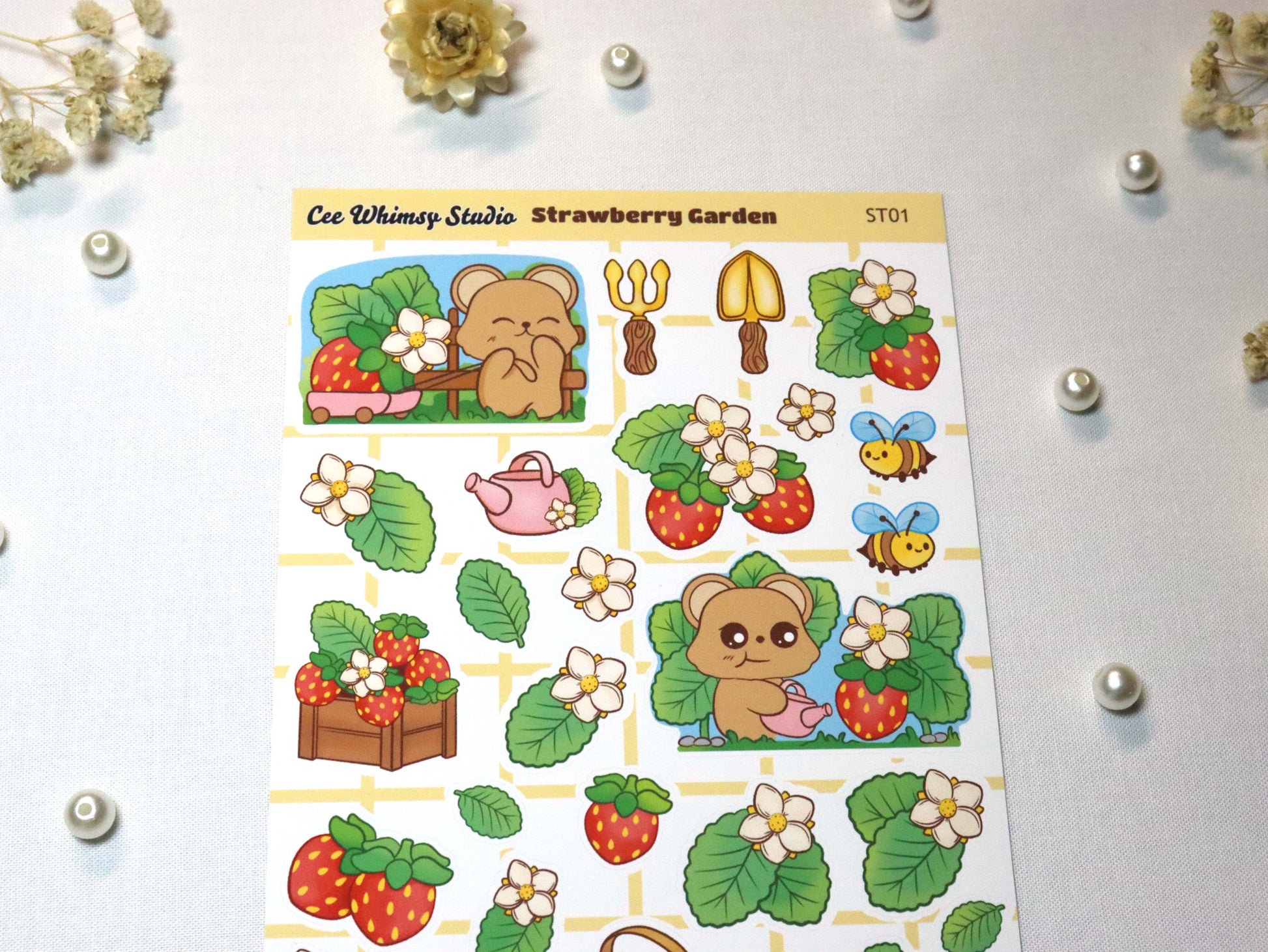 Strawberry Garden Sticker Sheet with cute bear characters, strawberries, flowers, bees, and garden-themed planner stickers by Ceewhimsy Studio