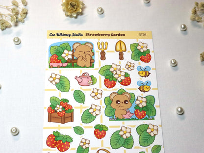 Strawberry Garden Sticker Sheet with cute bear characters, strawberries, flowers, bees, and garden-themed planner stickers by Ceewhimsy Studio