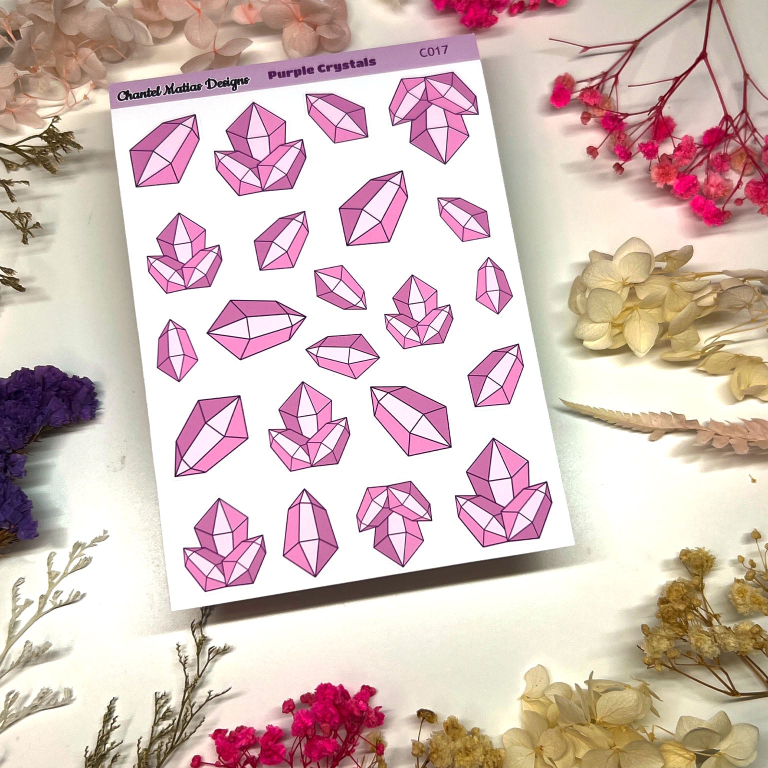 Purple Crystal Planner Sticker Sheet - Mystical Bullet Journal Stickers for Crystal Lovers & Creative Planners