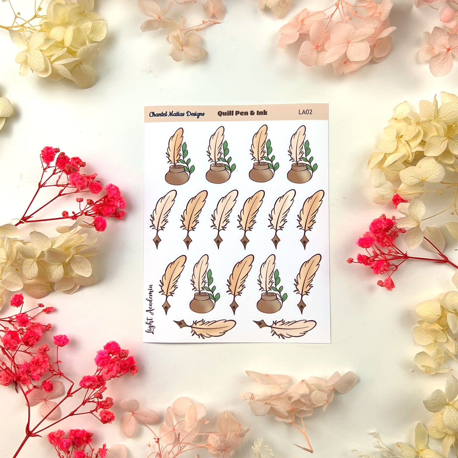 Quill Pen & Ink Planner Sticker Sheet - Light Academia Bullet Journal Stickers for Vintage Fountain Pen