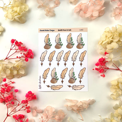 Quill Pen & Ink Planner Sticker Sheet - Light Academia Bullet Journal Stickers for Vintage Fountain Pen
