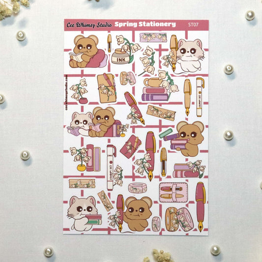 Spring Stationery Sticker Sheet with cute bear and cat characters, fountain pens, ink bottles, flowers, and aesthetic planner stickers by Ceewhimsy Studio