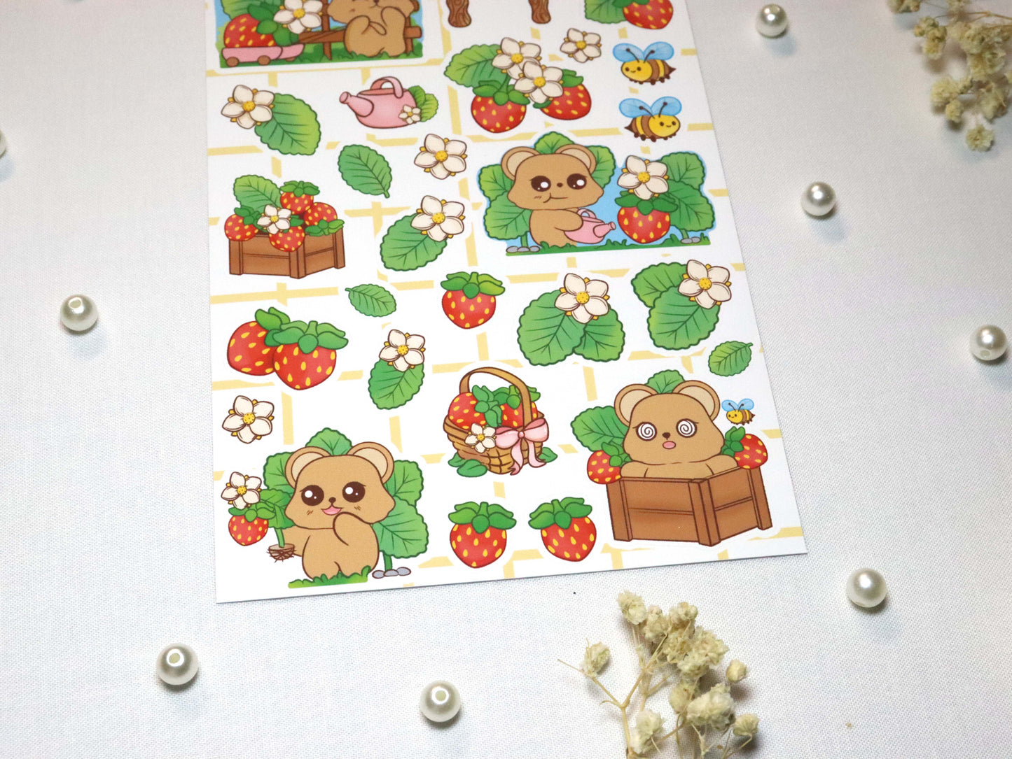 Close-up of strawberry garden stickers for planners and scrapbooks